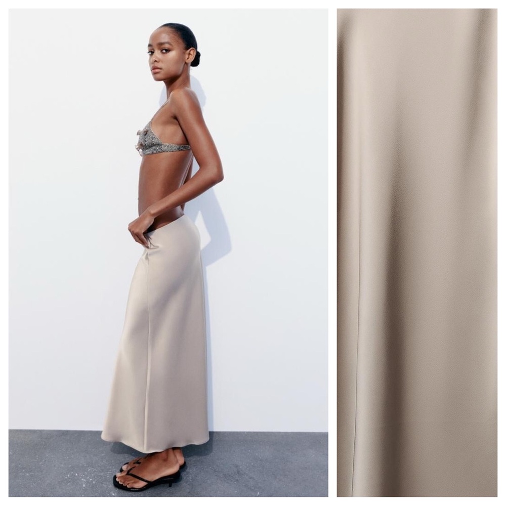NWT. Zara Taupe Grey Beige Satin Effect Maxi Skirt. Size L. - Picture 2 of 8